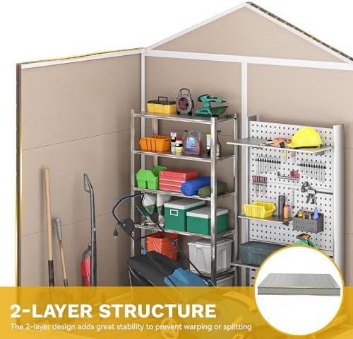 DWVO 6x4.4 FT Outdoor Storage Shed, Plastic Garden Tool Shed with 2 Windows, Double-Wall Outside Shed for Lawn Mower, Garden Tool for Backyard, Patio, Lockable, Beige - Image 6