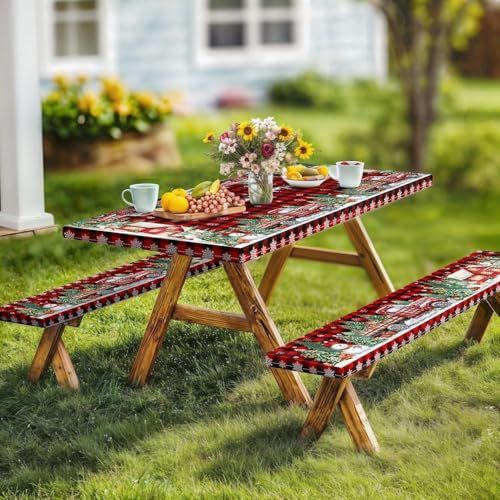 Christmas Picnic Table Cover with Bench Covers and Bag, Camping Essentials, Red Plaid Xmas Waterproof Windproof, Fitted Tablecloth Cover with Elastic Edge, for Indoor & Outdoor, 3 PCS, 30x96 Inch - Image 3