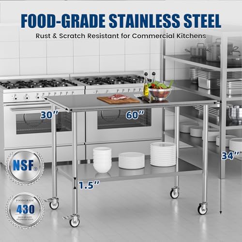 Stainless Steel Work Table with Wheels, 30x60 Inch NSF Kitchen Prep Table with Adjustable Undershelf for Commercial Restaurant, Garage, Outdoor BBQ - Image 3