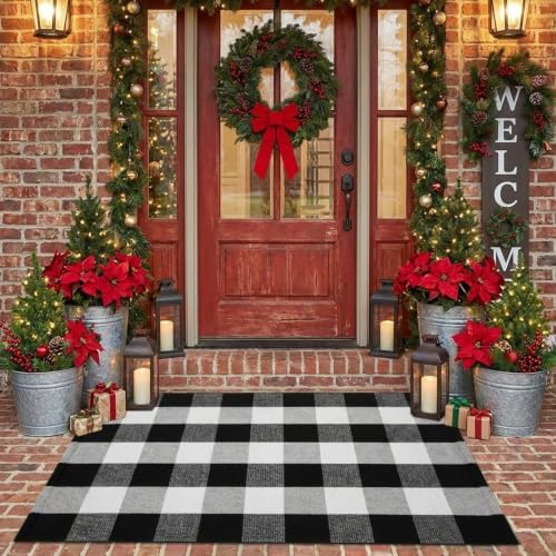 MUBIN Cotton Buffalo Plaid Rug, 27.5x43 Black and White Outdoor Rug Front Door Decorative Mat, Washable Doormat Foldable Area Rug Layered Door Mats Rug for Front Porch, Entryway, Patio - Image 5