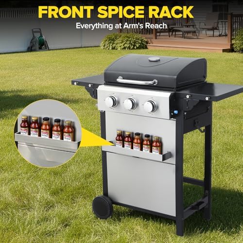 3 Burner Propane Gas Grill, 30,000 BTU Stainless Steel Outdoor BBQ Grill with 322 Sq. In. Cooking Area & 2 Foldable Side Shelves, Patio Cookout Essentials for Backyard - Image 2