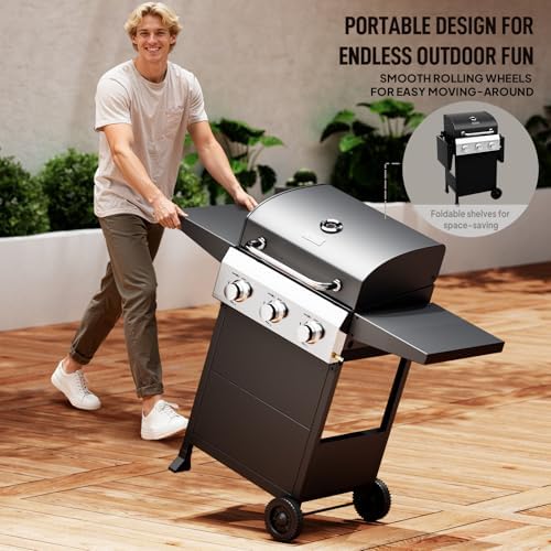 ROVSUN 3 Burner Propane Gas Grill with Foldable Side Shelves, 36000BTU BBQ Grills with Enameled Cast Iron Grates, Cabinet & Poratable Rolling Wheels for Outdoor Garden Patio Backyard Barbecue Cooking - Image 5