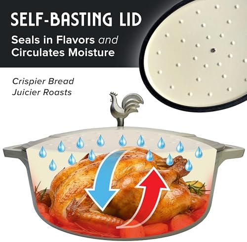 MUELLER HOME 5.5 Quart Enameled Cast Iron Oval Dutch Oven with Rooster Knob & Cotton Potholders, Heavy-Duty Cookware, Oven-Safe up to 500° F & Across All Cooktops, Gifts for Grandma & Women, Gray - Image 5
