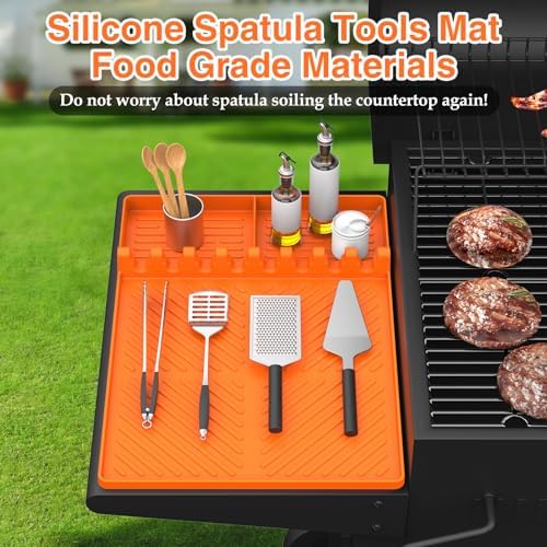 Silicone Griddle Tools Mat for Blackstone, Griddle Accessories Side Shelf Mat Grill Pad for Outdoor Grill Kitchen Counter Spatula Silicone Mat with Drip Pad (Orange) - Image 2