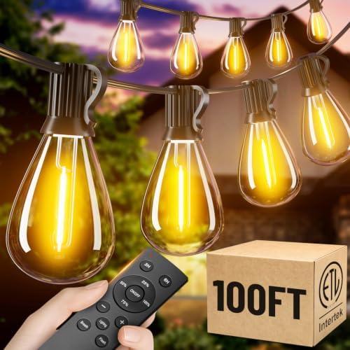 100FT Outdoor String Lights with Remote, Waterproof Patio Lights with 35+1 Shatterproof LED Bulbs,Dimmable Hanging Decor for Backyard Garden Porch Bistro, Timer & 3 Modes,2700K Warm White by AMZRAP