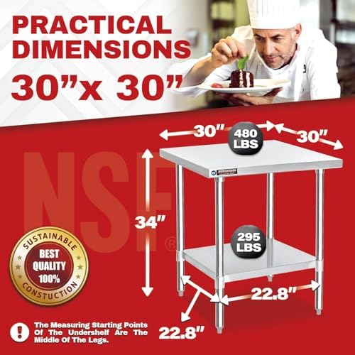 DuraSteel 30x30 Stainless Steel Work Table - NSF Commercial Prep Metal Table - Outdoor Pizza Oven Stand w/Under Shelf - Kitchen Island Laundry Utility Garage Microwave Stand Large Rolling Storage Cart - Image 3