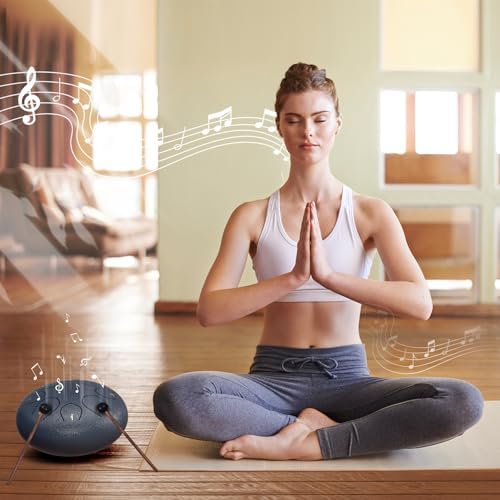 Rain Drum for Outside Garden, 6 Inches 8 Notes Steel Tongue Chakra Drums, Waterproof Echo Rain Chime Meditation Drums, Musical Instruments for Adult Gift with Bag, Music Book, Drum Mallets (Navy Blue) - Image 5