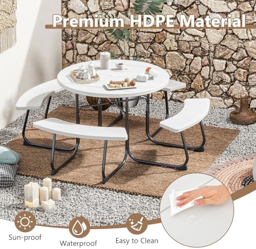 COSTWAY Round Outdoor Picnic Table with Bench Set for 4-8 People (White) - Image 4