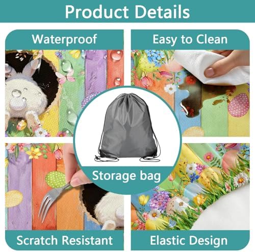 Easter Picnic Table Cover with Bench Covers, Cute Bunny Flower Colorful Wooden Board Camping Tablecloth, Waterproof Windproof, Fitted Tablecloth Cover with Elastic Edge, for Outdoor, 3 PCS, 30x60 Inch - Image 4