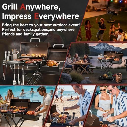 Portable Charcoal Grill with Smoking Function, Foldable Suitcase Design with Wheels, Multi-Tier Storage Rack & Waterproof Cover for Outdoor BBQ Parties (Khaki) - Image 5
