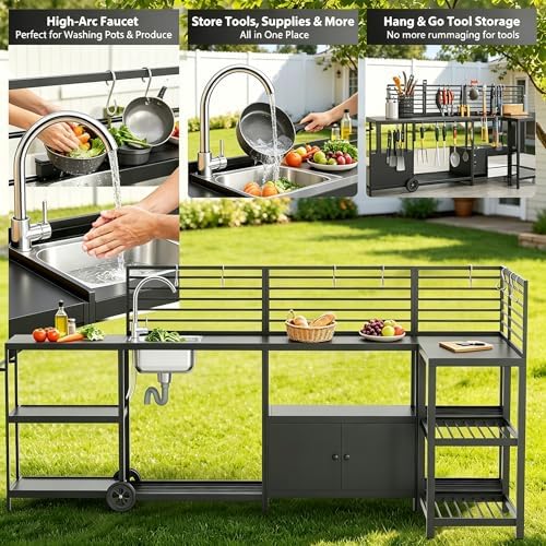 LEVELEVE Modular Outdoor Kitchen Island 5-Piece Set, Aluminum Outdoor Kitchen Cabinets Prep Station with Sink, Built-in Storage & Shelves for Patio, Backyard & Deck - Image 5