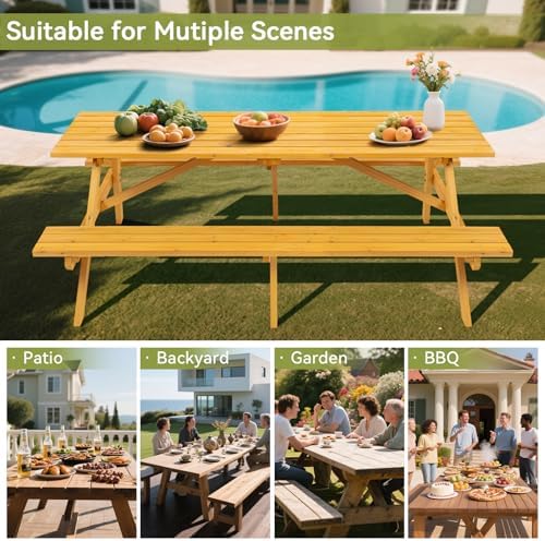75" Rectangular Outdoor Picnic Table with Built-in Benches & Umbrella Hole,8-Person Heavy-Duty Solid Wood Dining Table,2220lb Capacity Natural for Camping, Garden & BBQ Social Events - Image 3
