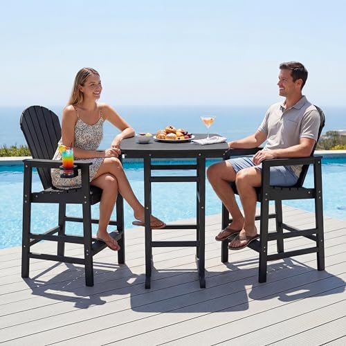 3-Piece HDPE Bar Height Table and Chairs Set, 42.1" Square High Top Pub Table with Umbrella Hole, 2 Adirondack Charis with Cup Holders, Outdoor Patio Dining Set for Bistro Backyard Deck Black by SCANORDIC