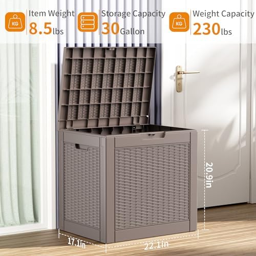 ROJIK Outdoor Storage Housing Deck Box - Waterproof Patio Furniture, Garden Tools, Cushions, Pool Accessories Storage Bench with Lockable Lid and Side Handles (Grey Rattan, 30 Gal) - Image 2