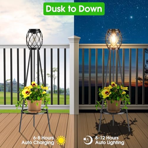 MXwcy Solar Floor Lamp with Plant Stands，Solar Lights Outdoor with Vintage LED Edison Bulbs, Weatherproof Garden Lights for Pathway, Patio, Yard, 8-10 Hours Lighting, IP55 Waterproof - Image 6