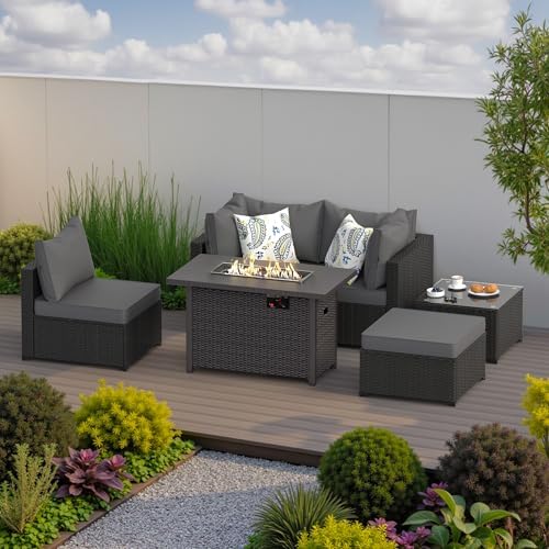 Patio Furniture Set with Fire Pit Table, 6PCS Outdoor Conversation Sets Waterproof Rattan Sectional Sofa with 4” Thickened Cushion Modular Wicker Patio Furniture Set with Glass Top Table (Grey) by PHONJOROO