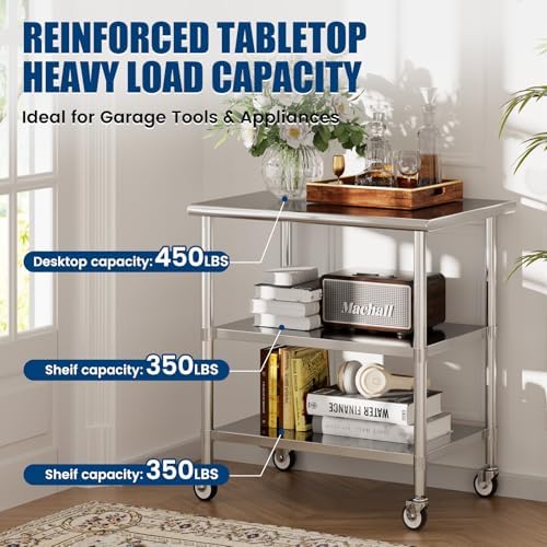 Stainless Steel Work Table with Wheels, 24x36 Inch NSF Kitchen Prep Table with 2 Adjustable Undershelves for Commercial Restaurant, Garage, Outdoor BBQ - Image 2
