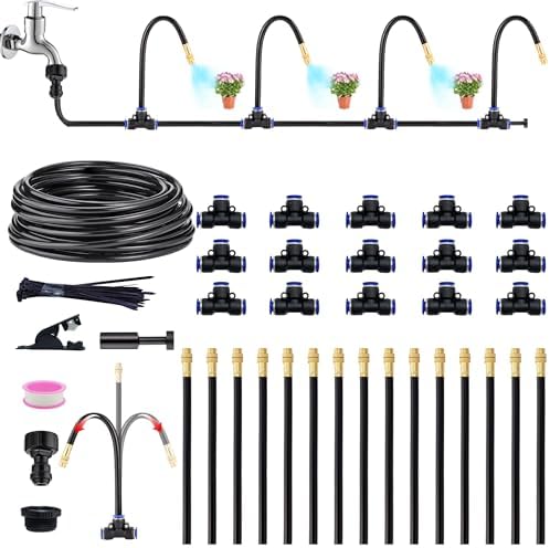 360°Bendable Automatic Irrigation System, 50Ft Adjustable Garden Watering Misting System for Outdoor Cooling System, Trampoline, Greenhouse, Lawn, Plant, Water Mister Nozzles Thread Sprayer 0.043" by Unknown