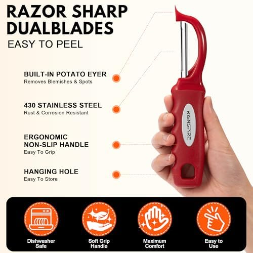 Rainspire Vegetable Peeler Potato Peelers for Kitchen, Sharp Stainless Steel Blades Veggie, Comfortable Handle Fruit Peeler, Carrot Peeler Apple Peeler Dishwasher Safe, Red, 2-Pack - Image 6