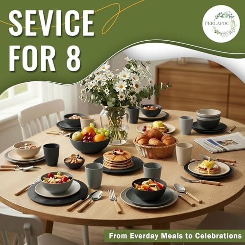 40 PCS Wheat Straw Dinnerware Set | Dishware Sets for 8 Unbreakable Plates and Bowls Sets, Drinking Glasses, Dishwasher and Microwave Safe Dish Set for KItchen - Gray Stone - Image 7