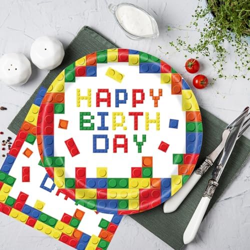 40Pcs Building Block Plates and Napkins Party Supplies, Disposable Colorful Building Block Birthday Party Plates Napkins Tableware Set for Boys Birthday Party Decorations Serve 20 (Building Block) - Image 4