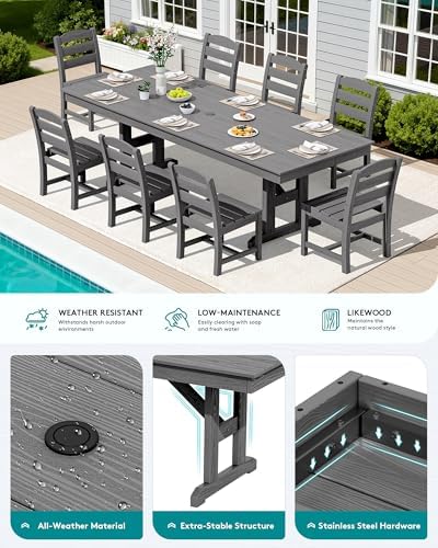 SERWALL 9Pcs 84" HDPE Outdoor Dining Set for 8 with Armless Chairs,Gray - Image 4