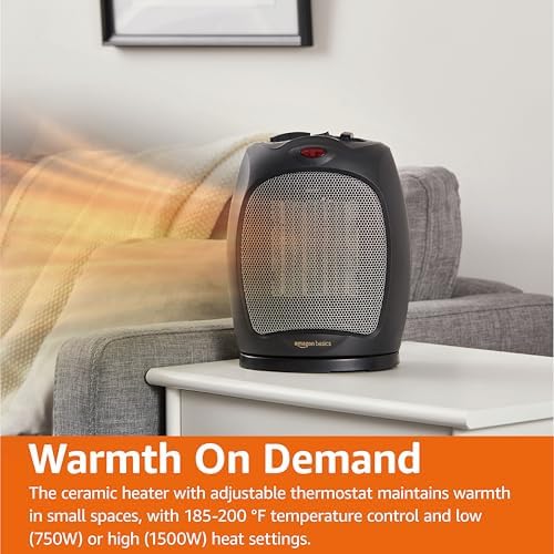 Amazon Basics Oscillating Ceramic Space Heater, Portable Fast Heating Indoor Solution, With Overheat and Tip-Over Protection, Thermostat, 1500W, 7.52"D x 6.34"W x 9.45"H, Black - Image 6