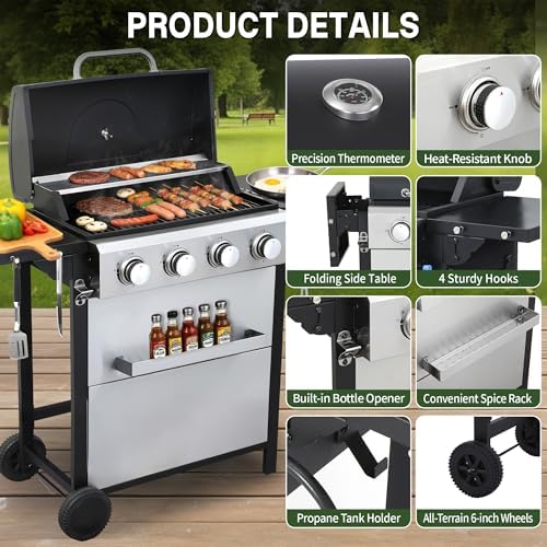 4-Burner Propane Gas Grill with Folding Side Tables, 40,000 BTU - Image 6