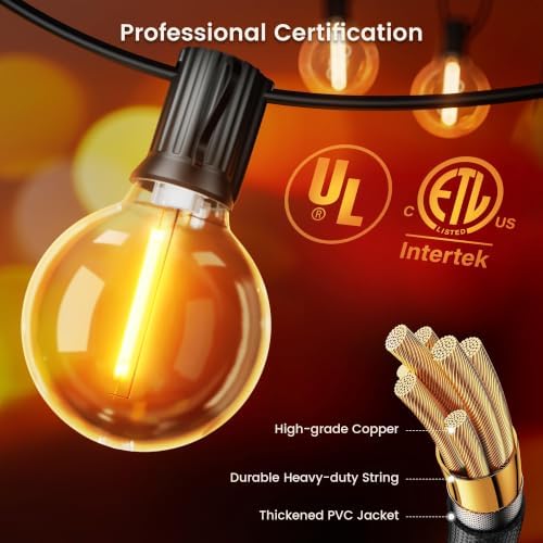OHLUX Outdoor String Lights, 27FT LED Patio Lights with 13 Dimmable Plastic G40 Globe Bulbs(1 Spare), 2200K Waterproof Connectable Hanging Lights for Backyard Porch Cafe Party Decor E12 Socket Base - Image 4
