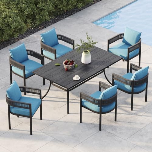 Grand patio Outdoor Dining Set, 7-Piece Patio Table and Chairs Set, Metal Woven Wicker Fixed Patio Chairs with Thickened Cushions & 1 Rectangular Woodgrain Dining Table with Umbrella Hole (Brown) by GrandPatio