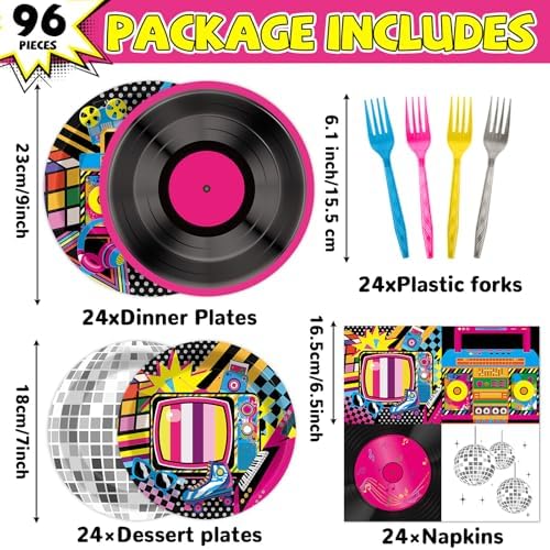 96Pcs Colorful 80s 90s Birthday Party Decorations Disco Hip Hop Plates and Napkins Retro Music Ball Dessert Paper Plates Back to 90s 80s Disposable Tableware for Birthday Baby Shower Supplies Disco - Image 2