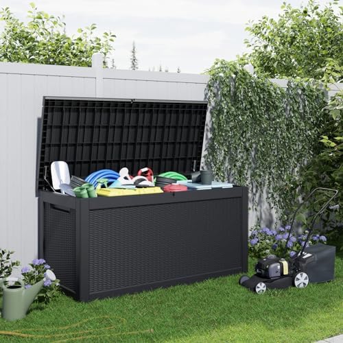 ROJIK Outdoor Storage Housing Deck Box,Waterproof Patio Furniture, Garden Tools, Cushions, Pool Accessories Storage Bench with Lockable Lid and Side Handles (Black,320 Gallon) - Image 7