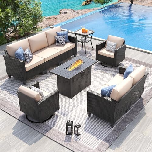 UDPATIO Patio Furniture Set with Fire Pit Table and Swivel Rocking Chairs, 6 Pieces Outdoor Wicker Furniture Set with Waterproof Cover, 4'' Thickened Cushion, Khak by UDPATIO