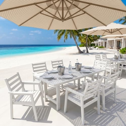 7-Piece Outdoor Dining Set, All-Weather HDPE Patio Furniture, 66.5" Slatted Table with 1.6" Umbrella Hole & 6 Ergonomic Armchairs, Heavy Duty 350lbs Capacity, UV Resistant, White - Image 3