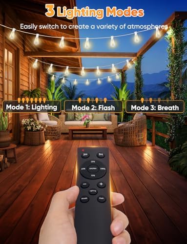 Brightever Outdoor String Lights with Remote, 200FT LED Patio Lights with 62 ST38 LED Filament Bulbs, 3 Lighting Modes, 3H/5H Timer, Waterproof IP65 String Light for Outside, E12 Socket Base, White - Image 3