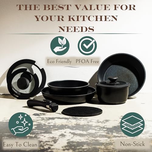 Moss & Stone 10-Piece Nonstick Pots and Pans Set, Removable Handle Cookware - Image 6