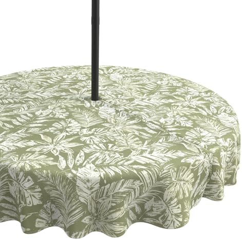 LVTXIII Round Outdoor Tablecloth with Umbrella Hole and Zipper, Water-Repellent 60 Inch Patio Table Cover for Bistro, Garden, Patio & Picnic, Tropical Leaf Green by LVTXIII