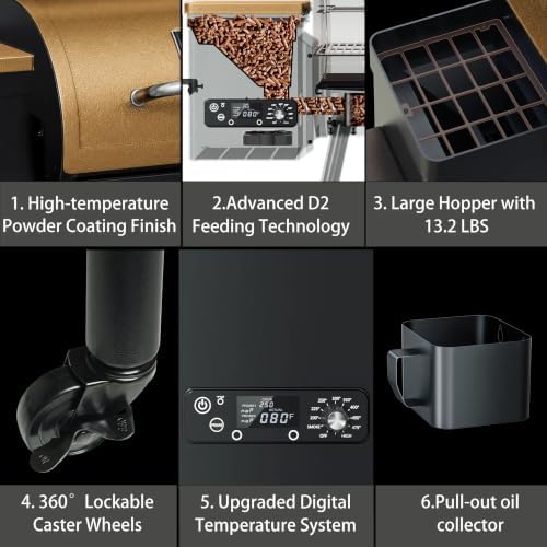 KingChii Wood Pellet Grill & Smoker, Electric Pellet Smoker Grill, 595 SQ.IN Grill Cooking Capacity, 13.2LB Hopper for Outdoor Barbecue Patio Cooking Bake and Roast,Bronze (Up to 500°F) - Image 6