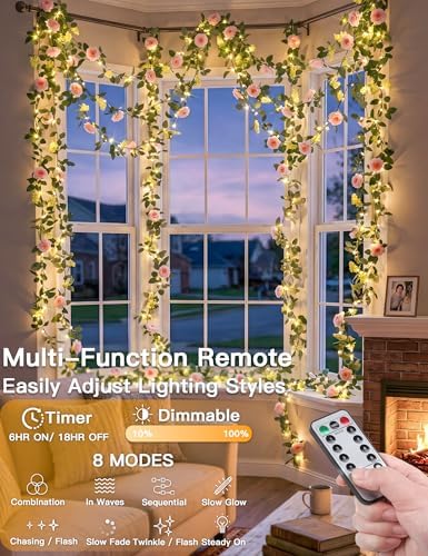 suddus 60LED Garland with Pink Camellia Lights Battery Operated Clear Wire - Image 2