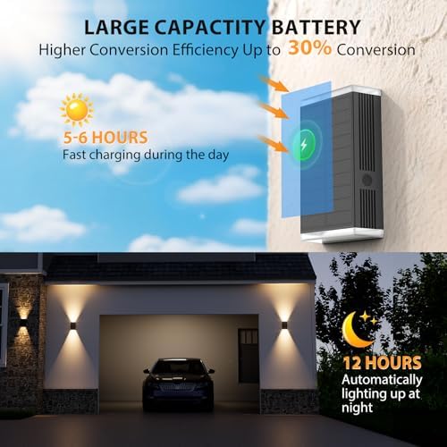 Solar Wall Lights Outdoor,3000/4000/6000K 3 Modes Dusk to Dawn Lighting Solar Wall Sconce IP67 Waterproof Up and Down Solar Lights Outdoor for House, Garage, Porch,Doorway (2 Pack) - Image 3