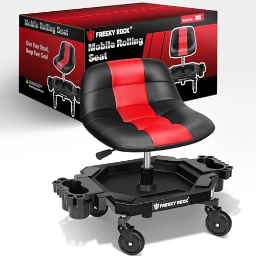 Rolling Stool with Wheels, Adjustable Height Pneumatic Garage Work Mechanic Stool Seat with Backrest, 400 LBS Capacity 360° Swivel Mechanic Crepper Chair with Tool Tray Storage, Red by FREEKYROCK