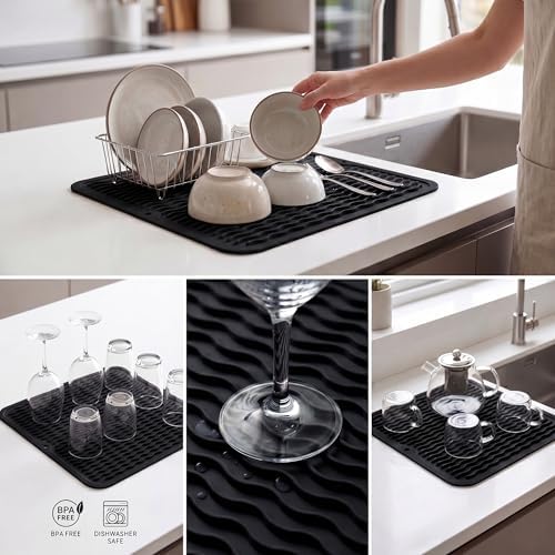 MicoYang Silicone Dish Drying Mat for Multiple Usage,Easy clean,Eco-friendly,Heat-resistant Silicone Mat for Kitchen Counter or Sink,Refrigerator or Drawer liner Black M 12 inches x 12 inches - Image 4