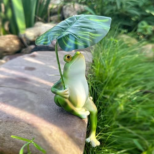 Umbrella Frog Statue for Garden Decor, Resin Green Frog Figurine Outdoor 7" by OwMell