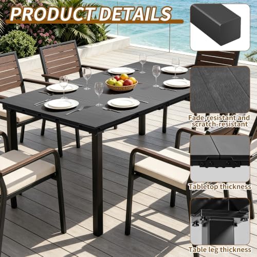 59" Outdoor Patio Dining Table, HDPE Tabletop with Weather Resistant Metal Frame, Rust Proof Garden Table for Backyard Deck Porch, Black Woodgrain - Image 5