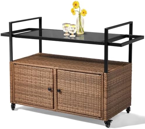 VINGLI Wicker Outdoor Bar Cart with Storage and Wheels, Outdoor Bar Table Serving Cart Rattan Bar Cart with Glass Top and Shelf for Pool, Party, Backyard, Porch (Brown) by VINGLI