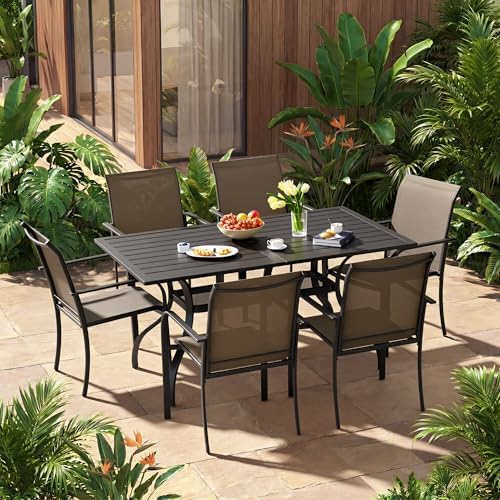 Incbruce 7 Pcs Patio Dining Set with Textilene Chairs and Rectangle Table (Brown) - Image 7