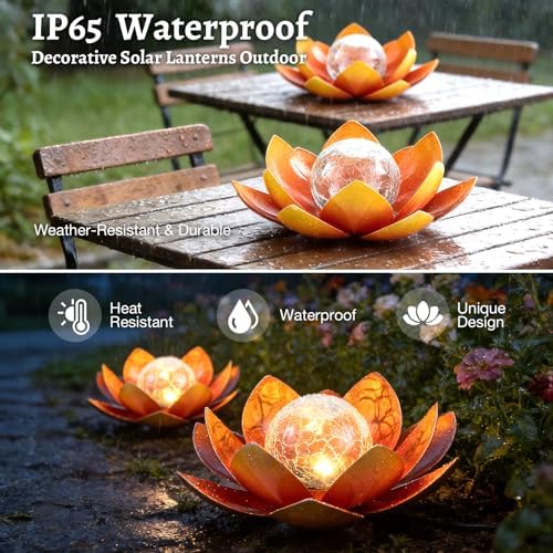 Huaxu Solar Lights Outdoor Garden Decoration Crackle Globe Glass Waterproof LED Metal Orange Lotus Flowers Gift for Mom,Women,Patio,Lawn,Walkway,Tabletop,Ground - Image 5