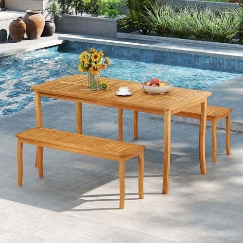 HAPPYGRILL 3 Pieces Acacia Wood Patio Dining Set, Outdoor Table Bench Set with 1.97” Umbrella Hole, Outside Furniture Set for Poolside Backyard Garden Deck - Image 2