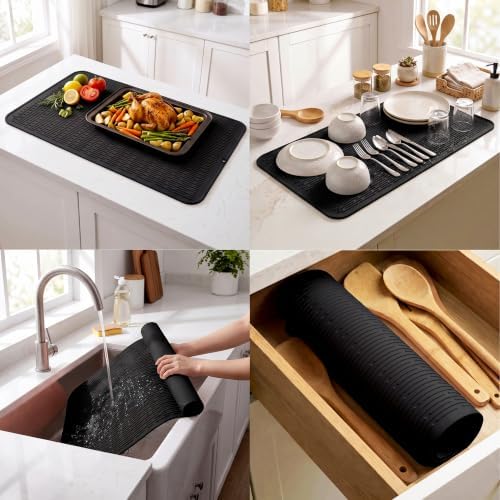 MicoYang Silicone Dish Drying Mat for Multiple Usage,Easy clean,Eco-friendly,Heat-resistant Silicone Mat for Kitchen Counter or Sink,Refrigerator or Drawer Liner Black 5XL 36inches x 18inches - Image 4