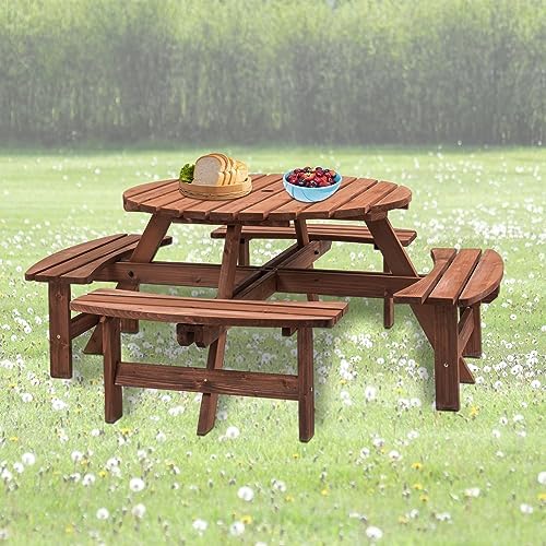 8 Person Wooden Picnic Table, Outdoor Camping Dining Table with Seat, Garden, DIY w/ 4 Built-in Benches, 2220lb Capacity Brown - Image 6